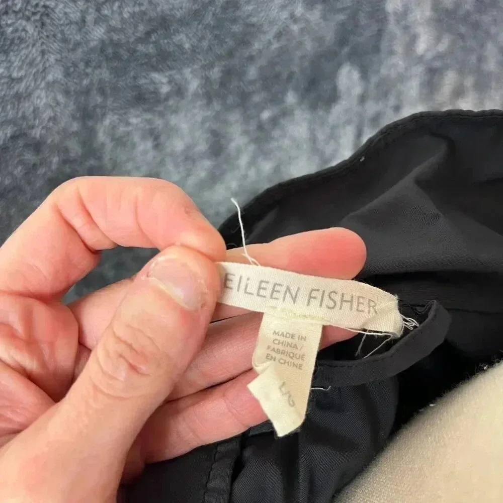 Eileen Fisher Hooded Rain Jacket Black Women's L Nylon Cotton Cinched Coat - Picture 7 of 15